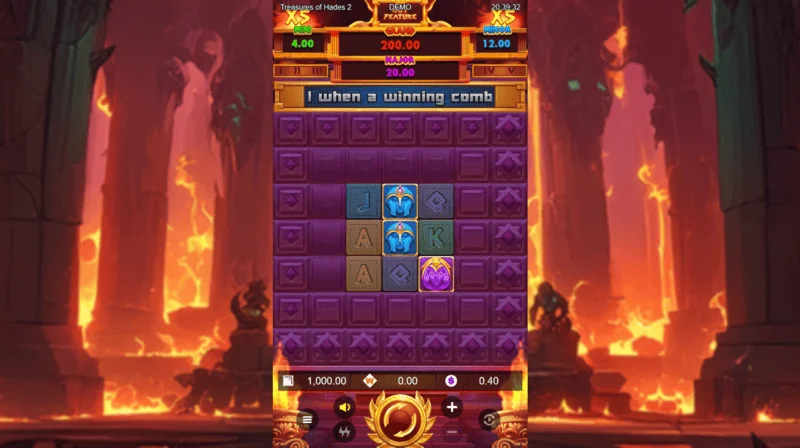 Treasures of Hades 2 – Hauptspielbildschirm des Slots mit 3x3 Walzen und 20 Gewinnwegen von Rectangle Games